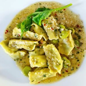 Vegan English Pea Agnolotti  at Crossroads Kitchen in Los Angeles