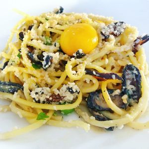 Vegan Carbonara with Vegan Yolk - Delicious  at Crossroads Kitchen in Los Angeles