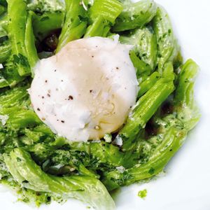 Vegan Spinach STROZZAPRETI with Basil Peso & Burrata  at Crossroads Kitchen in Los Angeles