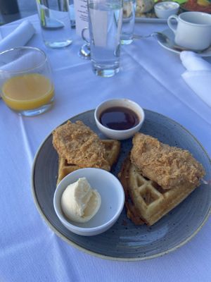 Chicken & Waffles with maple hot sauce  at Crossroads Kitchen in Los Angeles