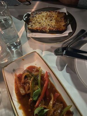 Lasagna and homemade Sausage  at Crossroads Kitchen in Los Angeles