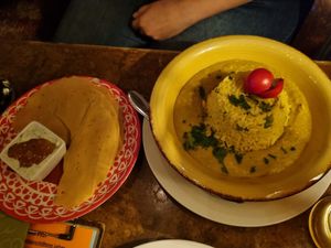 Dhaal with rice,  pappadams and chutney at Cafe Harvest in Vienna