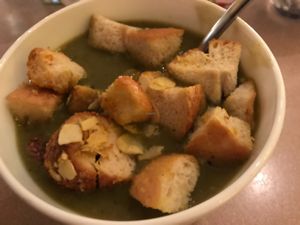 zucchini soup with croutons at Cafe Harvest in Vienna