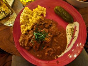 Goulash with knodel at Cafe Harvest in Vienna