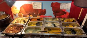 Selection of hot food during the brunch buffet. at Cafe Harvest in Vienna