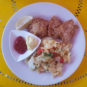 soy schnitzel  at Cafe Harvest in Vienna
