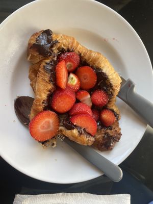 Vegan croissant with vegan chocolate spread and strawberries   at The New Leaf Co-op in Edinburgh