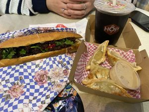 Mushroom Banh Mi, Veg Dumplings, Iced Viet coffee   at Hop Vietnamese in Manchester