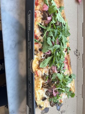 Vegan mozzarella, vegan sausage, mushroom, pickled onion. Soooo delicious!  at IAD - &pizza - CC in Dulles