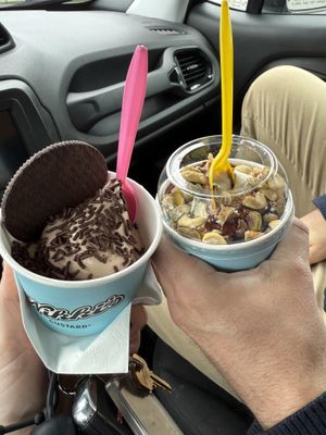 brownie soft serve oreo sandwich, peanut butter soft serve with mixed nuts and dark chocolate saucee  at Nikki's Custard in Lancaster