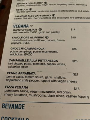 Vegan section in menu  at Siamo Napoli in San Diego