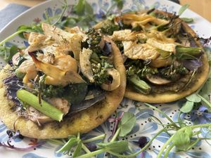 Home-made garden pizzas with mushroom and artichoke   at Loaf BnB in Berwick-upon-tweed
