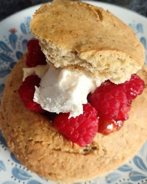 Giant breakfast scone, warm from the oven & filled with vegan butter, homemade red berry preserve, homegrown vegan-organic raspberries, & vegan whipped cream. at Loaf BnB in Berwick-upon-tweed