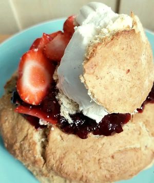 Giant breakfast scone, warm from the oven & filled with vegan butter, homemade berry preserve, homegrown vegan-organic strawberries, & vegan whipped cream. at Loaf BnB in Berwick-upon-tweed