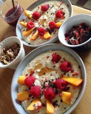 Hearty breakfast porridge with all the toppings & homemade chai jam. at Loaf BnB in Berwick-upon-tweed