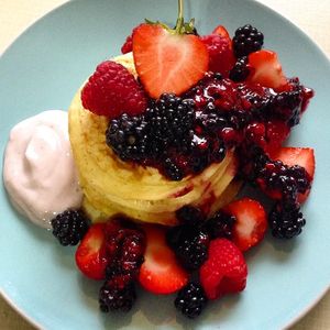 Fruity pancakes with all homegrown vegan-organic berries & Sojade organic yogurt. at Loaf BnB in Berwick-upon-tweed