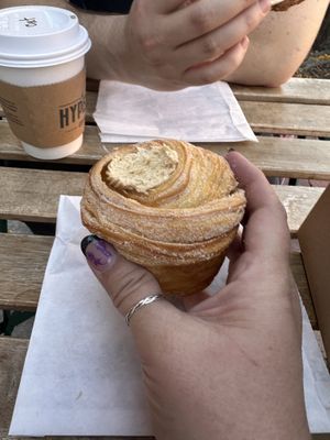 I ate the peanut butter pretzel on the cronut. I’ve never had a cronut b/c they’ve never been vegan    at Hyperion Coffee Co in Ypsilanti