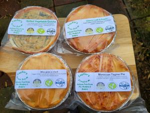 Grilled Vegetable Quiche, Cheezey Leek & Potato, Who Gives a Cluck and Moroccan Tagine Pie. at Taylors Free From in Stoke-on-trent