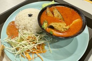 “Fish” curry with rice  at Veggie House 一芳 - HarbourFront in Central Singapore