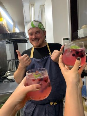 This is a mocktail we created in honor of our location on Jozenjidori... A beautiful tree-lined boulevard in downtown Sunday. It's called the Jozenji Sunset! Add a shot of vodka!?! at The Veggie Table in Sendai