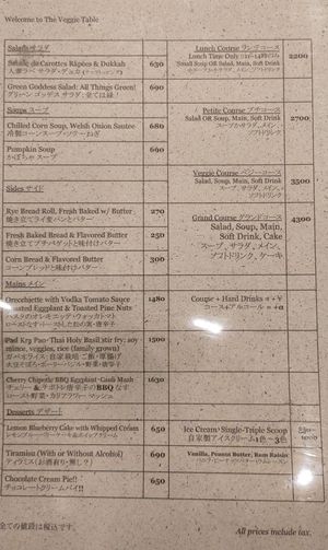The menu. It may be different depending on time of day; this was taken during dinner. I forgot to photograph the drink menu. at The Veggie Table in Sendai