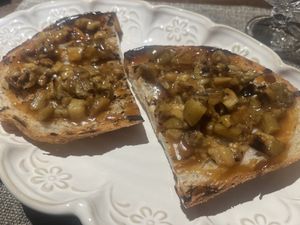 Braised eggplant on toast   at Kuzina in Astana