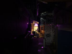 The alley in the dark at Shinsekai Paprika Shokudo Vegan in Osaka