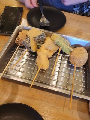 Vegtable Kushikatsu with beyond meat at Shinsekai Paprika Shokudo Vegan in Osaka