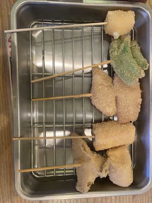 vegan kushikatsu and choose tempeh, mochi, eringi, shishito pepper and a sort of beans  at Shinsekai Paprika Shokudo Vegan in Osaka