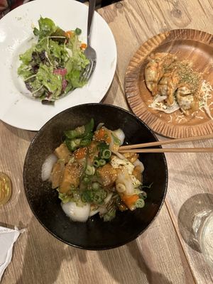 Salad, gyoza, tempeh stirfry  at Shinsekai Paprika Shokudo Vegan in Osaka