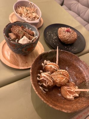 Grilled rice ball, vegan pork, enoki with butter and soy sauce, takoyakii  at Shinsekai Paprika Shokudo Vegan in Osaka