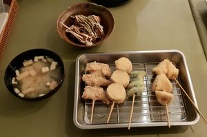 Soupe miso - takoyaki - kushikatsu at Shinsekai Paprika Shokudo Vegan in Osaka