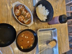 Takoyaki, rice, miso and a fried tempeh for around 1700 yen at Shinsekai Paprika Shokudo Vegan in Osaka