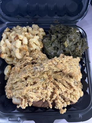 Vegan fried fysh, collards and Mac & cheese  at Taste Of Vegan Soul in Charlotte