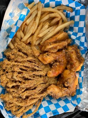 Vegan fried fysh & skrimps with fries  at Taste Of Vegan Soul in Charlotte