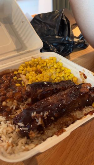 Vegan bbq ribs, rice, corn and shuga beans at Taste Of Vegan Soul in Charlotte