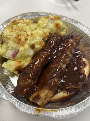 Vegan BBQ ribbz made of jackfruit and mushrooms with potato salad. My meat-eating friends love these vegan ribbz!!   at Taste Of Vegan Soul in Charlotte