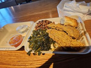 Fysh, rice, kale, and black eye peas at Taste Of Vegan Soul in Charlotte
