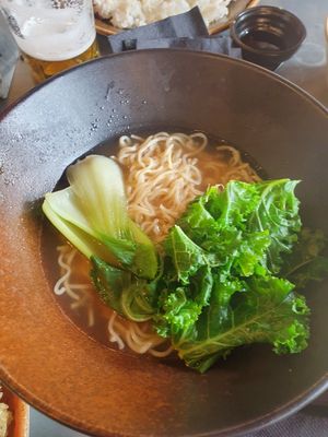 VEG TEMPURA RAMEN: Home made veg broth, mixed veg tempura, tokyo noodles, kikurage mushroom, nori at Zumuku Sushi in Wilmslow