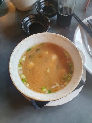 Miso soup at Zumuku Sushi in Wilmslow