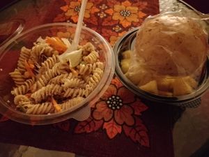 Custom salad with and bread. Some pineapple on the side. The pic is from my apt as I ate it there, the place is nice but didnt take a pic at Crvena Jabuka Market Marindvor in Sarajevo