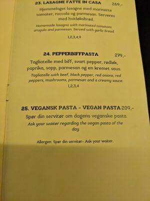 This is the only vegan option on the menu at La Famiglia in Tromsoe