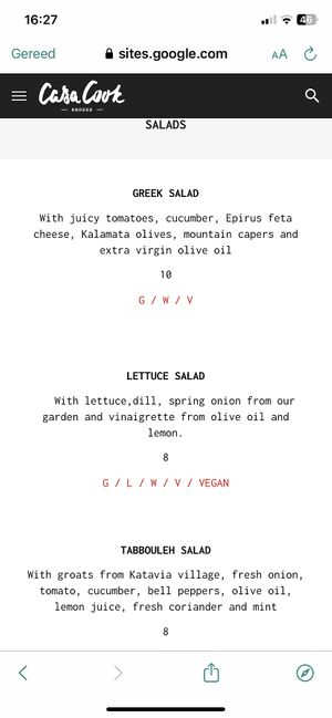 Vegan and veggie menu  at Casa Cook Rhodes in Rhodes