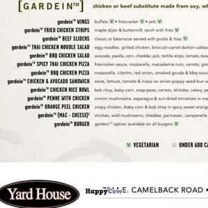 copy of the Gardein section of the menu from the Scottsdale location at Yard House in Phoenix
