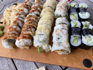 From left to right: okra roll, jalapeño roll, veggie tempura roll, tofu roll, avocado roll, cucumber roll at Ricky's Sushi in Portland