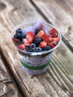 Coconut tapioca with fresh local strawberries   at Harmoni Foods in Honokaa