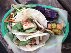 Vegan Taco with tofu, purple potatoes, kim chee and various fresh local veggies  at Harmoni Foods in Honokaa