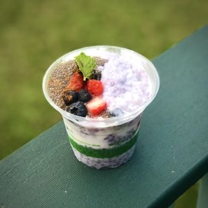 Coconut tapioca with chia seed and fruit topping  at Harmoni Foods in Honokaa