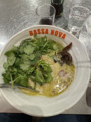 Green curry ramen with extra green onions and corianderr  at Bassanova Kyoto in Kyoto