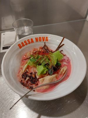 Vegan pink ramen large serving at Bassanova Kyoto in Kyoto